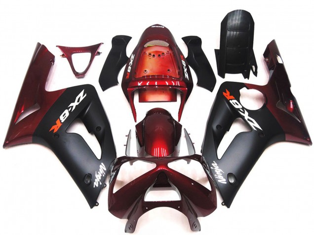 Best Aftermarket 2003-2004 Matte Black and Maroon Kawasaki ZX6R Fairings