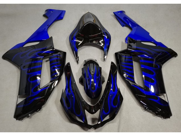 2007-2008 Gloss Black & Blue Flame Kawasaki ZX6R Fairings 2007-2008 Gloss Black & Blue Flame Kawasaki ZX6R Fairings